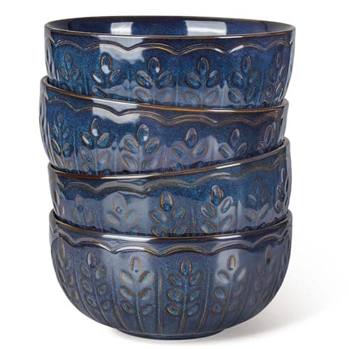 Soup Bowls 32 OZ, Cereal Bowls Set of 4, Embossment Ceramic Ramen Bowls for Dinner, Salad, Pho, Noodle, Pasta, Snacks, Dishwasher Microwave Safe, 6.3