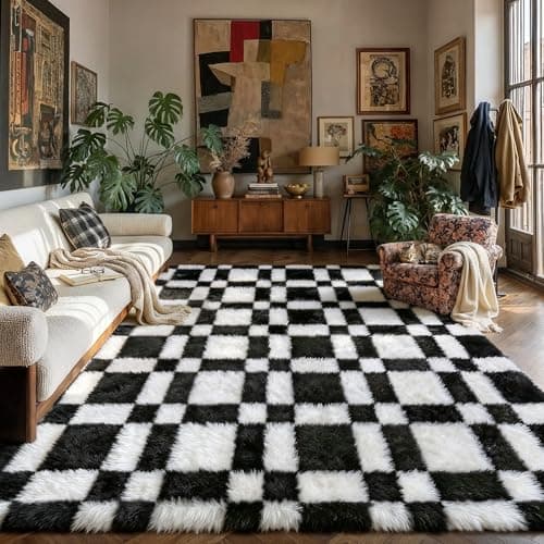 8x10 Checkered Rug Brown and White Living Room Modern Shag Rug Super Soft Washable Indoor Fuzzy Carpet Fluffy Vacuumable Area Rugs for Bedroom Home