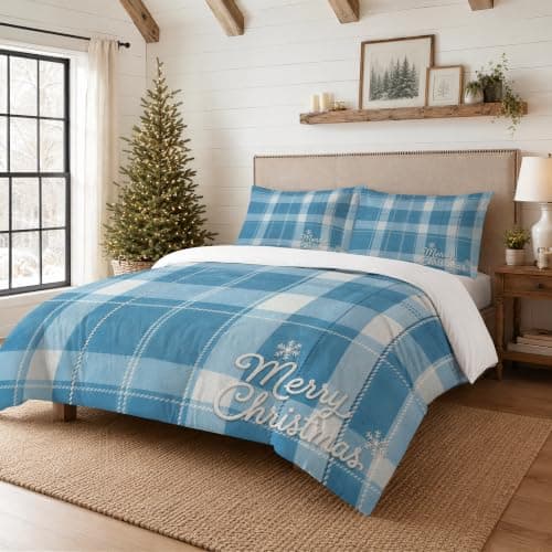 Christmas Bedding Set King, Blue Plaid Comforter for Men Bedroom | for Kids Boys Teen Men, Modern Minimalist, Winter Snowflake Bedroom Bed Set 1