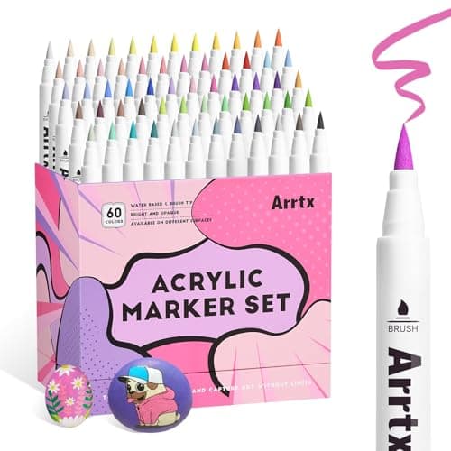 Arrtx 60 Colors Paint Markers Pens, Acrylic Paint Pens for Artists Adults Coloring Drawing Cartoon Anime Comic - Brush Tip for Rock Painting, Wood,