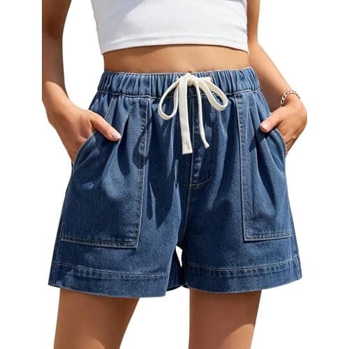 Eddoyee Jean Shorts for Women High Waisted Drawstring Pull On Denim Shorts | 4 Patch Pockets | 3-4 In Inseam | Wide Leg Cut | Elastic Waist Pleats |