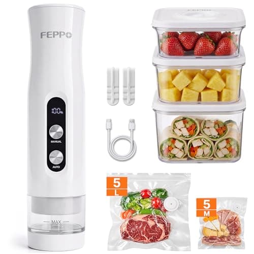 FEPPO Compact Vacuum Sealer for Food (Vacuum Sealer Machine + 3 Containers + 10 Reusable Bags), Anti-Overflow Powerful Portable Handheld Food Sealer,