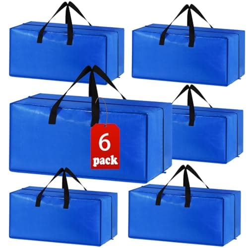 Heavy Duty Extra Large Blue Moving Bags with Strong Zipper Backpack Handles | 6 Pack Clothes Storage Bags Totes Space Saving Moving Boxes Bins Packing