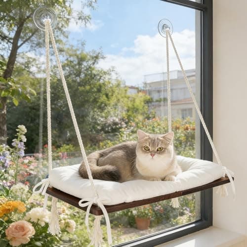 CHEERPALS Cat Window Perch for Indoor Cats, Wooden Cat Bed for Window with Washable Cushion, Hanging Kitty Hammock Suitable for Small-to-Large Cats