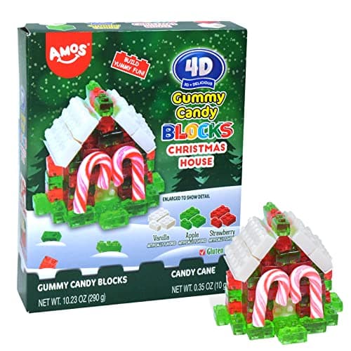 AMOS 4D Gummy Christmas Candy Gift House Gummies Blocks House Cane for Kids Gift or Stocking Stuffers, Contain Apple and Strawberry Juice Red Green