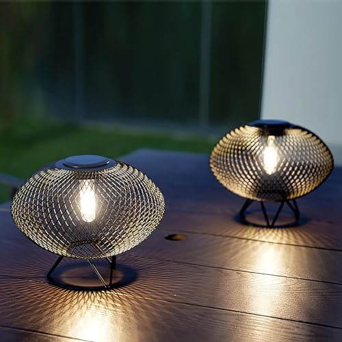 Solar Yard Set of 2 Outdoor Table Lamps with Metal Wire Shades & LED Lights, 8" Solar-Powered Modern Table Lights for Yard, Porch, Garden, or Pathway