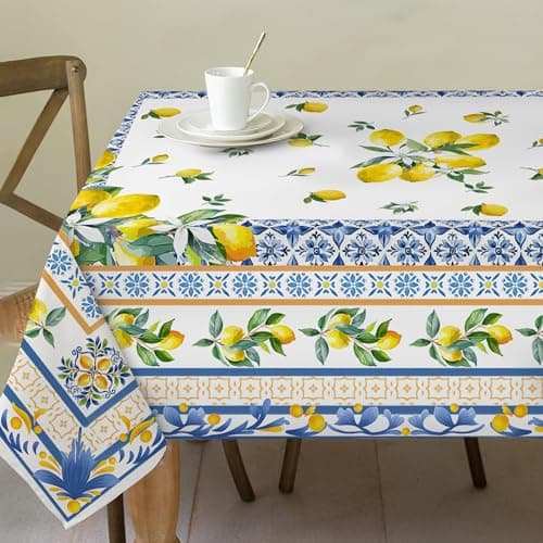 Lemon Tablecloth 52x70 Inches, Bridal Summer Decorations | Water Resistant Summer Mediterranean Tile Style Table Cloth Rectangle for Home,