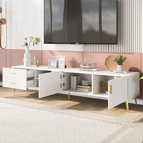 Modern TV Stand Cabinet: Spacious Media Entertainment Center for 77" Television with Golden Legs | Study Wood TV Console with Storage Drawers and Open
