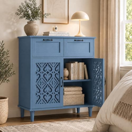 Vintage Sideboard Buffet Cabinet with 2 Drawers & 2 Carved Doors, Farmhouse Accent Storage Cabinet with Adjustable Shelves, Rustic Wood Credenza for