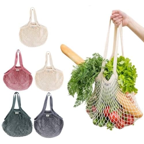 Lemonfilter 5 Pack Cotton Mesh Grocery Bags with Long Handle (4 Color) | Reusable Washable Mesh Produce Bags, Foldable Long Handle Eco Net Tote for
