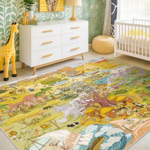 Desert Adventure Kids Rug 5x7 – Safari Animal Map Carpet with Lions, Elephants, Giraffes & Tribes – Educational Area Rug for Bedroom, Classroom,