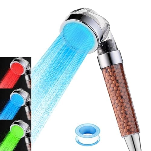 Vacto Temperature Controlled 3-color Changing Shower Head Kit, Water Saving Showerheads with Filtration Beads, LED High Pressure Handheld Shower Head