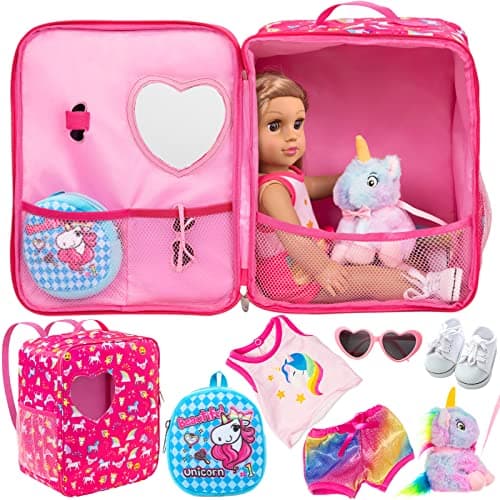 K.T.Fancy 7 PCS 18 inch Doll Travel Bag Carrier Accessories Set | Total 7 Pcs Travel Kit; Backpack, Storage Bag, Toy Unicorn, Clothes, Shoes &