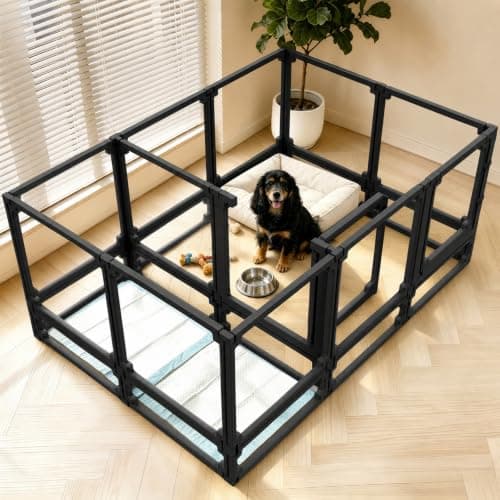 FlexiSpace Adjustable Clear Dog Play Pen, Expandable & Stackable Acrylic Dog Playpen, ONLY Dog Play Pen Indoors Grow with Your Pet Puppy Playpen