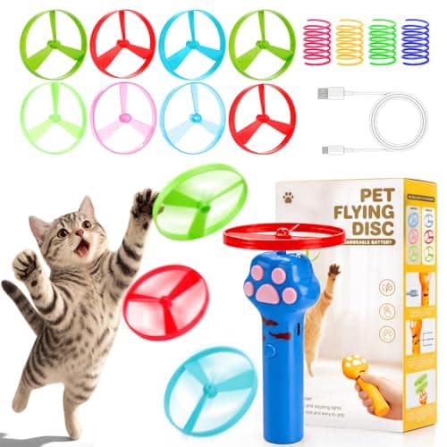 BABORUI Cat Toy Disc Launcher, Rechargeable Interactive Cat Fetch Toy Launcher with 8 Flying Discs, Flying Enrichment Toys for Indoor Bored Kittens &