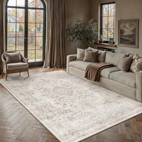 5x7 Taupe Washable Neutral Area Rug Living Room | Non Slip, Soft Low Pile, Vintage Farmhouse, for Bedroom Dining Room Nursery Office Indoor Home Decor