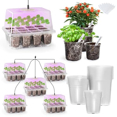 The Bundle of Bonviee 5 Packs Seed Starter Tray with Grow Light and 36 Packs Variety Sizes Clear Nursery Pots