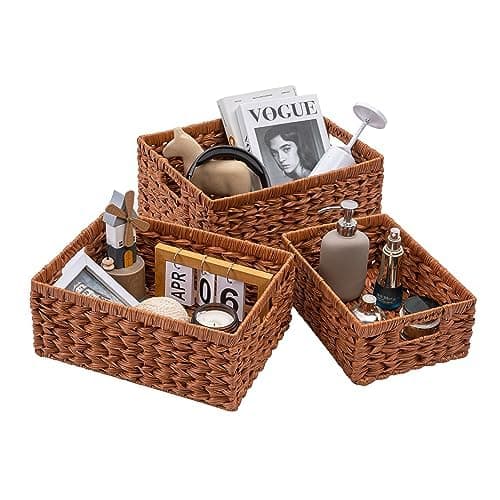 Set of 3 Wicker Storage Baskets, Decorative Baskets With Built-in Handles, Multipurpose Nesting Countertop Baskets for Shelves, Kitchen Organizers,