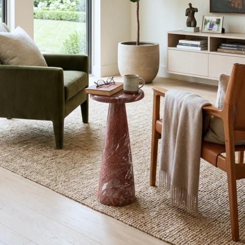 Modern Faux Marble Bedside Table for Living Room, 9" Round Stone Side Table Vintage Night Stand, Small Rustic Red End Table for Drink in Bedroom