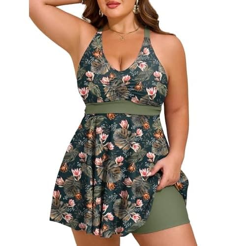 HUSKARY Plus Size Tankini Swimsuits for Women Tummy Control V Neck Hide Belly Bathing Suits Two Piece with Swim Shorts 26 Plus Green Flowers
