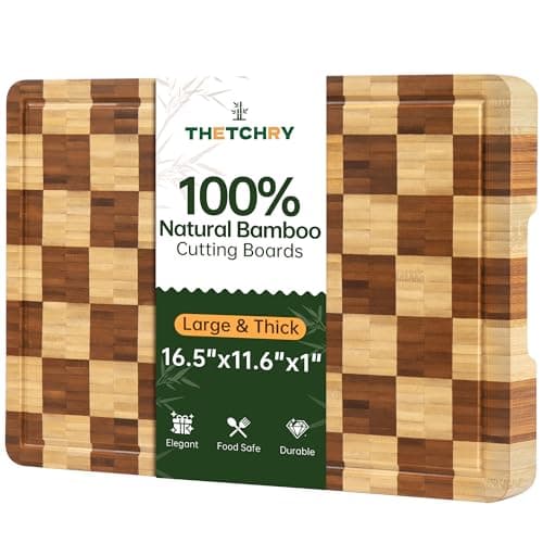 Bamboo Cutting Boards for Kitchen, End Grain Wood Cutting Board with Juice Grooves & Handles, Charcuterie Checkered Chopping Board Thick Butcher Block