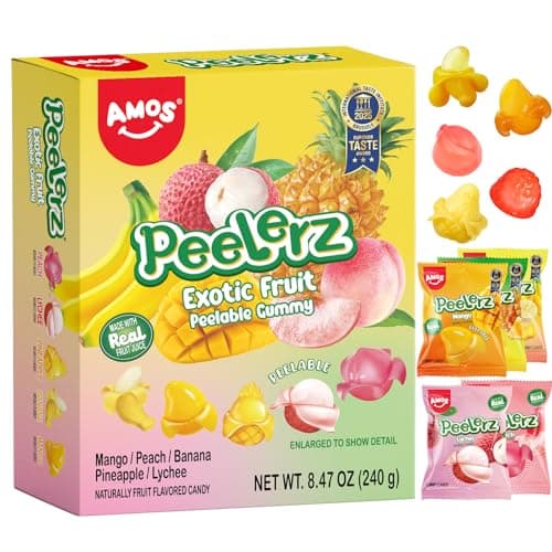 AMOS Peelerz Exotic Fruit Peelable Gummy Candy – 5 Fruit Flavors (Mango, Peach, Banana, Pineapple, Lychee), 8.47oz (240g), Individually Wrapped