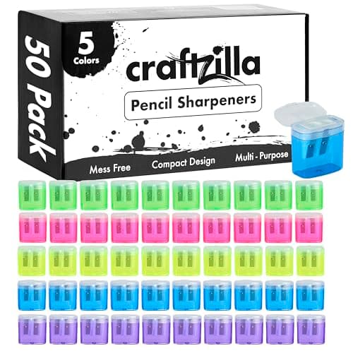 Craftzilla Pencil Sharpener 50 Pack, Manual Dual-Hole Sharpeners Bulk | Handheld Pencil Sharpeners with Lids for Kids, Classroom, School Office