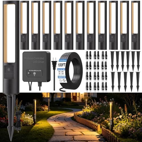 5W All-in-One Landscape Pathway Lights Wired for Garden (12 Pack) | Aluminum Low Voltage Landscape Lighting, 150W Transformer, 100FT Wire,
