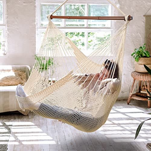 Upgraded Caribbean Hammock Chair with Detachable Metal Bar, Large Hammock Swing Chair, XL Rope Hanging Chair for Outdoor Indoor, 330 LBS Weight