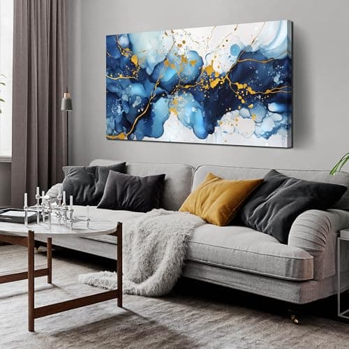 Abstract Living Room Pictures Wall Decor - Blue Canvas Wall Art for Office - Modern Prints Wall Art for Bedroom Size 24" x 48"