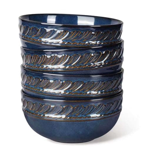 Soup Bowls 32 OZ, Cereal Bowls Set of 4, Embossment Ceramic Ramen Bowl for Salad, Dinner, Pho, Noodle, Pasta, Snacks, Dishwasher Microwave Safe, 6.3