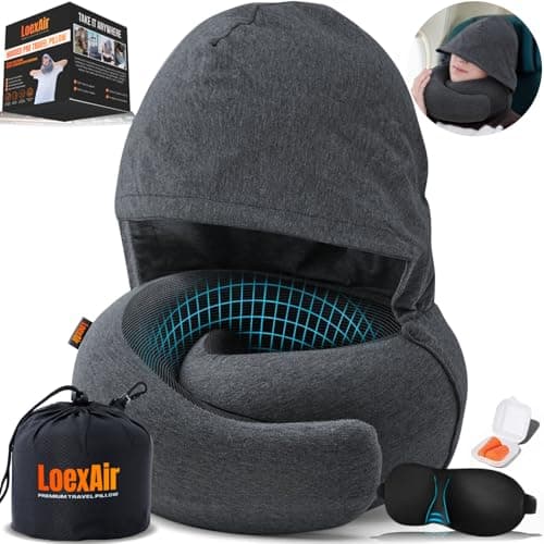 LOEXAIR™ Hooded Pro Travel Pillow - Memory Foam Neck Support Pillow for Airplane, Flight - Super-Soft Pure Cotton Fabric, Maximum Privacy &
