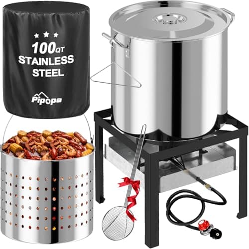 100QT Crawfish Boiler | Stainless Steel Seafood Boil Pot with Basket | Cover & 18" Skimmer Included | 110,000 BTU Propane Jet Burner | 20 PSI CSA