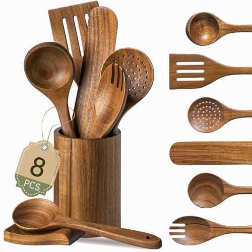 8 PCS Natural Acacia Wooden Utensil Set Wooden Spoons for Cooking | Non-Toxic Acacia Wood, Nonstick Safe, Sturdy Easy to Clean, Includes Holder &