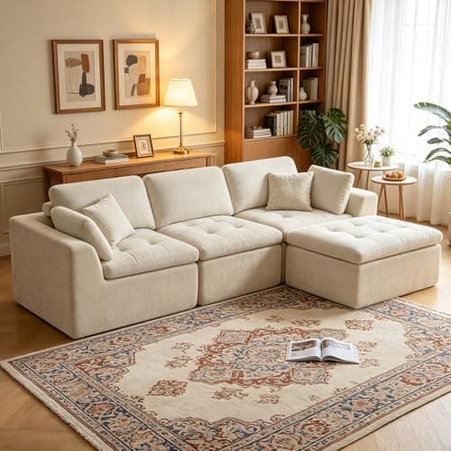 110" Cloud Sectional Couch for Living Room, Upholstered L-Shape Modular Sofa with Movable Ottoman, 3-Seater Deep-Seat Foam Couch, Comfortable