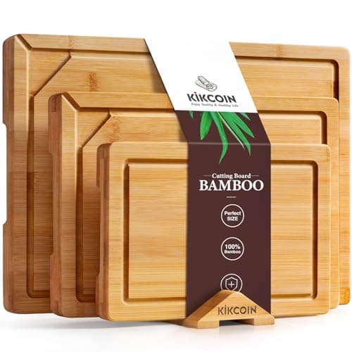 Kikcoin 3+1 Piece Self-Draining Bamboo Cutting Boards, Wooden Cutting Boards for Charcuterie, Vegetables, Cheese, Bread, Extra Large Chopping Boards