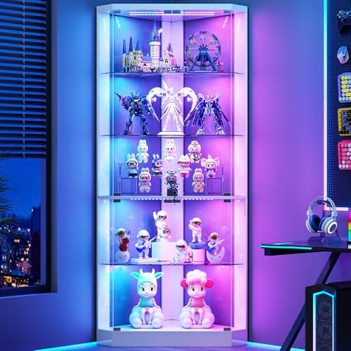 5-Tiers Corner Display Cabinet with RGB Lights for Collectibles, White | 69" Tall Curio Cabinet Display Case with Lock, Showcase Display Shelf for