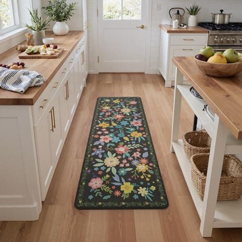 GENIMO Anti Fatigue Kitchen Runner Mats for Floor, Cushioned Standing Mats | 23"x71" , Black vintage floral rug set, waterproof, non slip, easy-clean