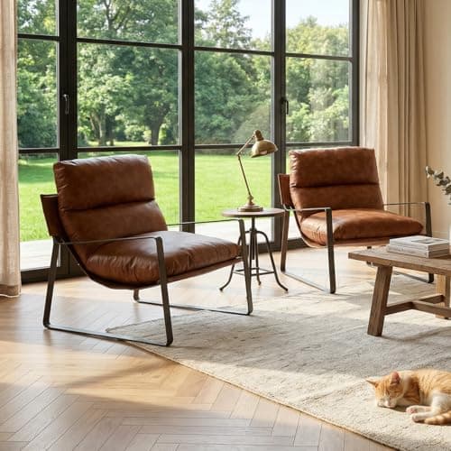 CIMOTA Modern Accent Chair Set of 2, Comfy Living Room Chair with Removable Seat Cushion, PU Leather Upholstered Lounge Armchair with Bronze Metal