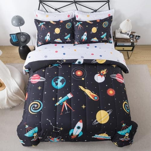 ADASMILE A & S Space Comforter Full Size for Boys, 7 Pieces 3D Galaxy Rocket Planets Bedding Set for Kids, All Season Bed in A Bag Comforter Sets with