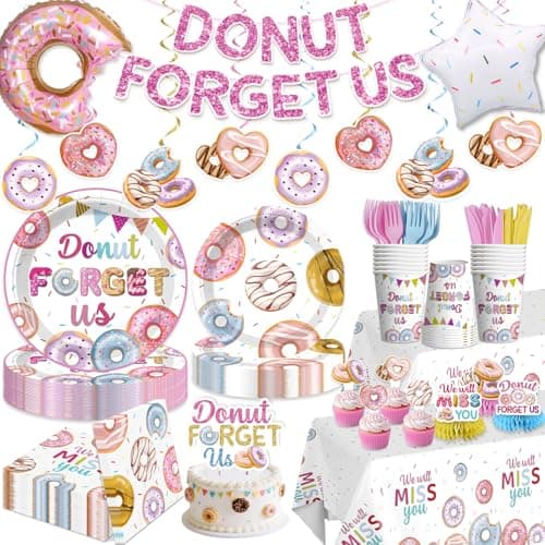 Donut Forget Us Party Decorations for Coworker Farewell Leaving Party, All-in-one Going Away Party Supplies Includes Banner, Cake Toppers, Plates and