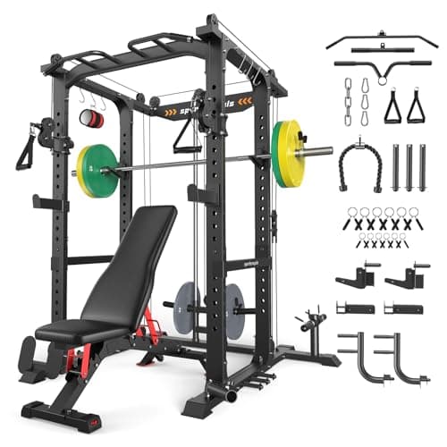 SPORTSROYALS Power Rack, Multi-Functional Power Cage, Squat Rack with Pulley System & LAT Pull Down, Workout Cage with J Hooks for Home Gym