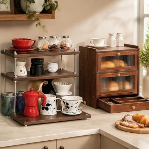 Solid Wood Bread Box and 3 Tier Coffee Bar Rack for Kitchen Countertop, Brown
