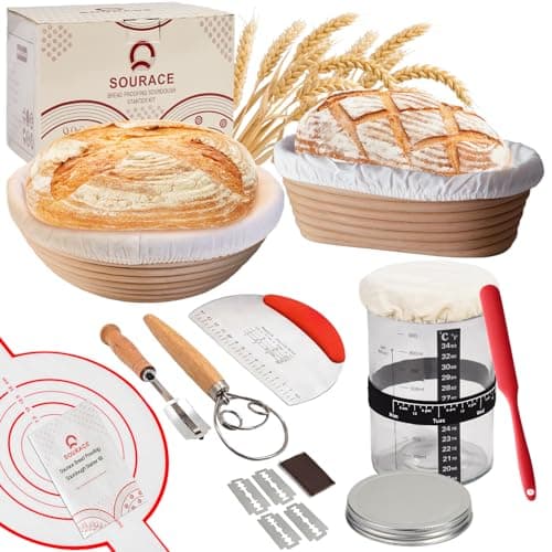 Sourdough Starter Kit with 10" Round & 9" Oval Banneton Proofing Basket and Starter Jar, Complete Sourdough Bread Baking Supplies and Baking Gifts for