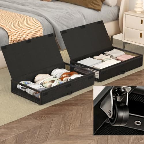 Fokyfok 2 Pack Under Bed Storage with Wheels 6 inch Height | Metal Frame,Lid,Rolling Slim Under Bed Drawers for Shoes,Clothes and Toys,Shallow