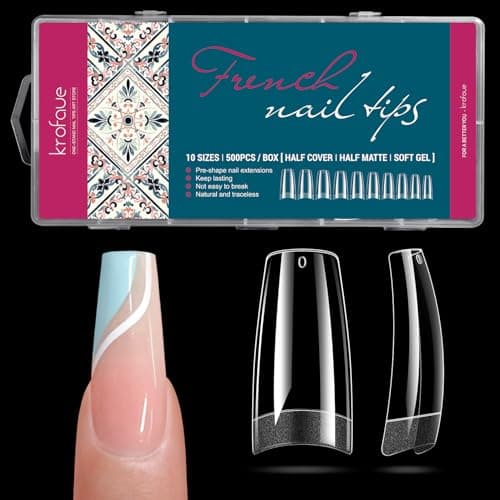 Krofaue 500PCS French Nail Tips, Half Matte Soft Gel, Square, 10 Sizes | Half matte for better adhesion, no crease soft gel, thick front thin back,