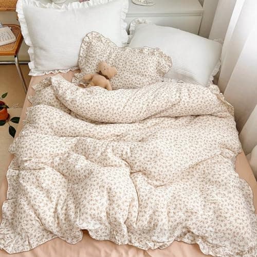 BuLuTu Soft Cotton Muslin Duvet Cover Girls Kids Floral Duvet Cover Beige Crib Bedding Comforter Cover Quilt Cover, 47"x59", Camellia Print