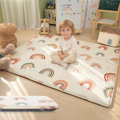 1.5" Thick Baby Floor Play Mat, 71x79 Memory Foam Play Mat, Rainbow | Ultra Soft, Non-Slip Backing, Water-Repellent, Skin-Friendly for Baby, Padded