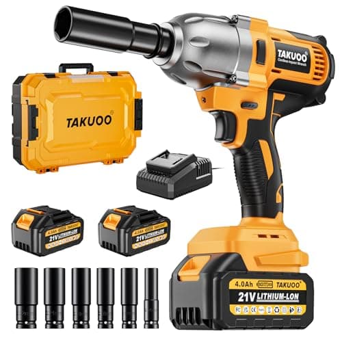 Takuoo Cordless 1/2 inch Brushless Impact Wrench, Max Torque (1200N.m) 900Ft-lbs Electric Impact Gun w/2x 4000mAh Battery, Charger & 6 Sockets, Power