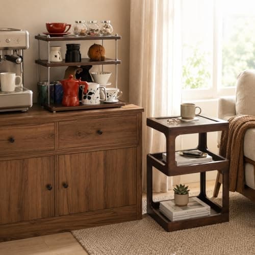 Solid Wood 3 Tier End Table and 3 Tier Coffee Bar Rack, 100% Solid Pine Wood, Brown